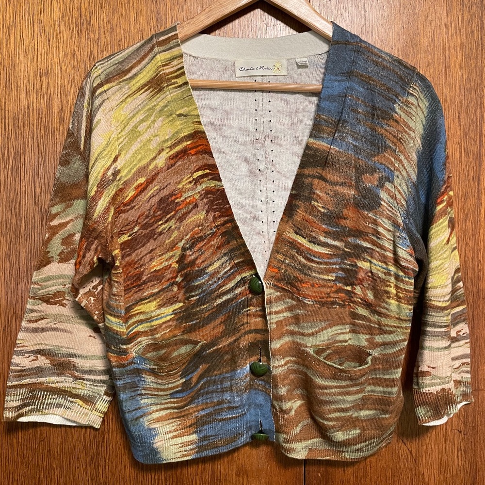 Anthropologie Linen Cotton Cardigan Sweater watercolor impressionist artistic L